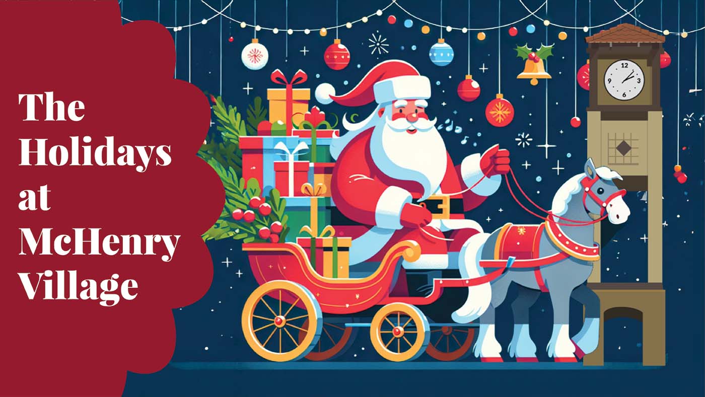 Santa on a sleigh next to the Mchenry village tower