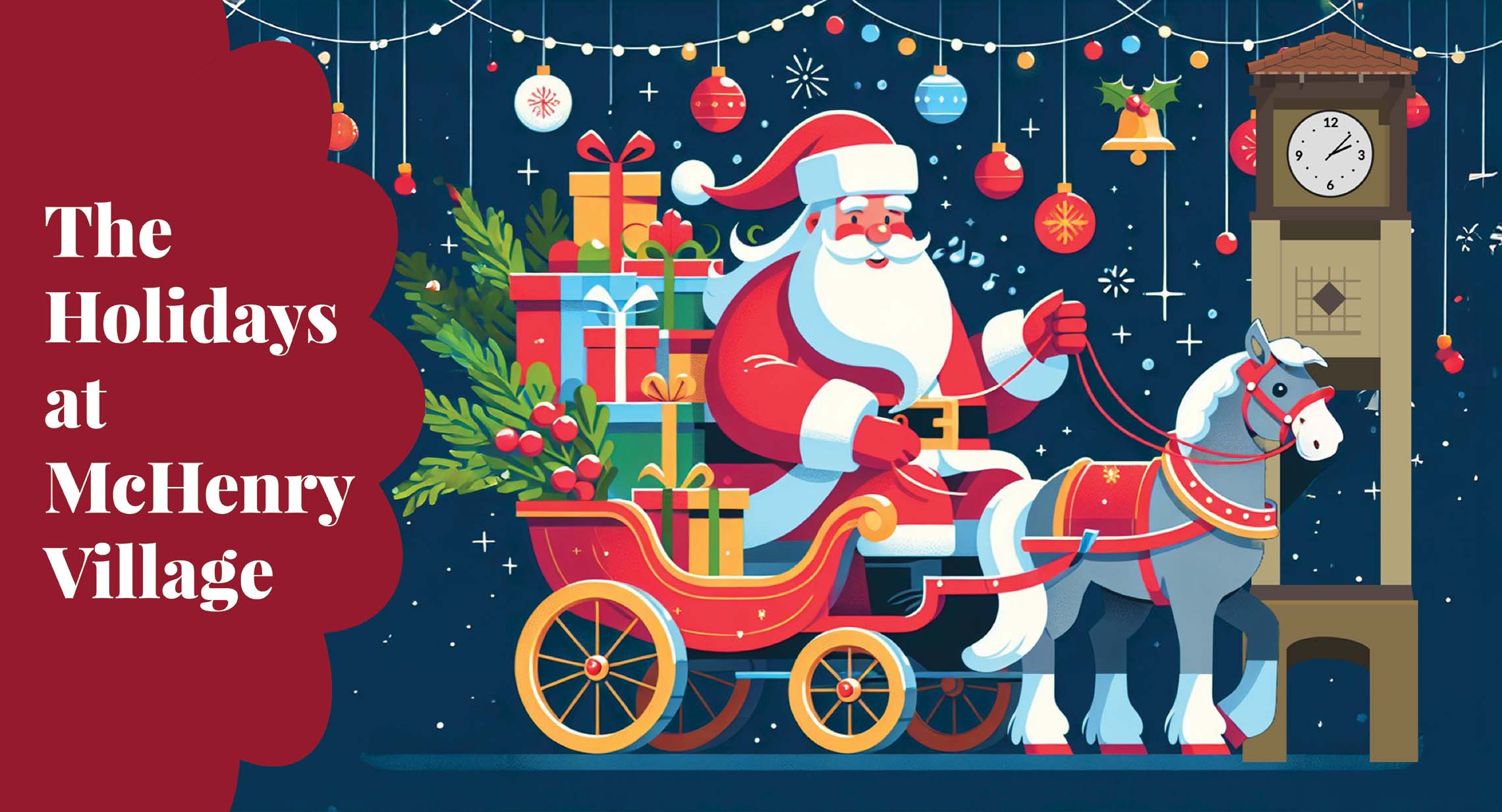 Santa on a sleigh next to the Mchenry village tower